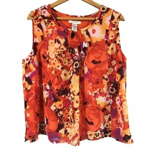 Covington‎ Orange Floral Smocked Neck Sheer Overlay Sleeveless Blouse Top Size L
